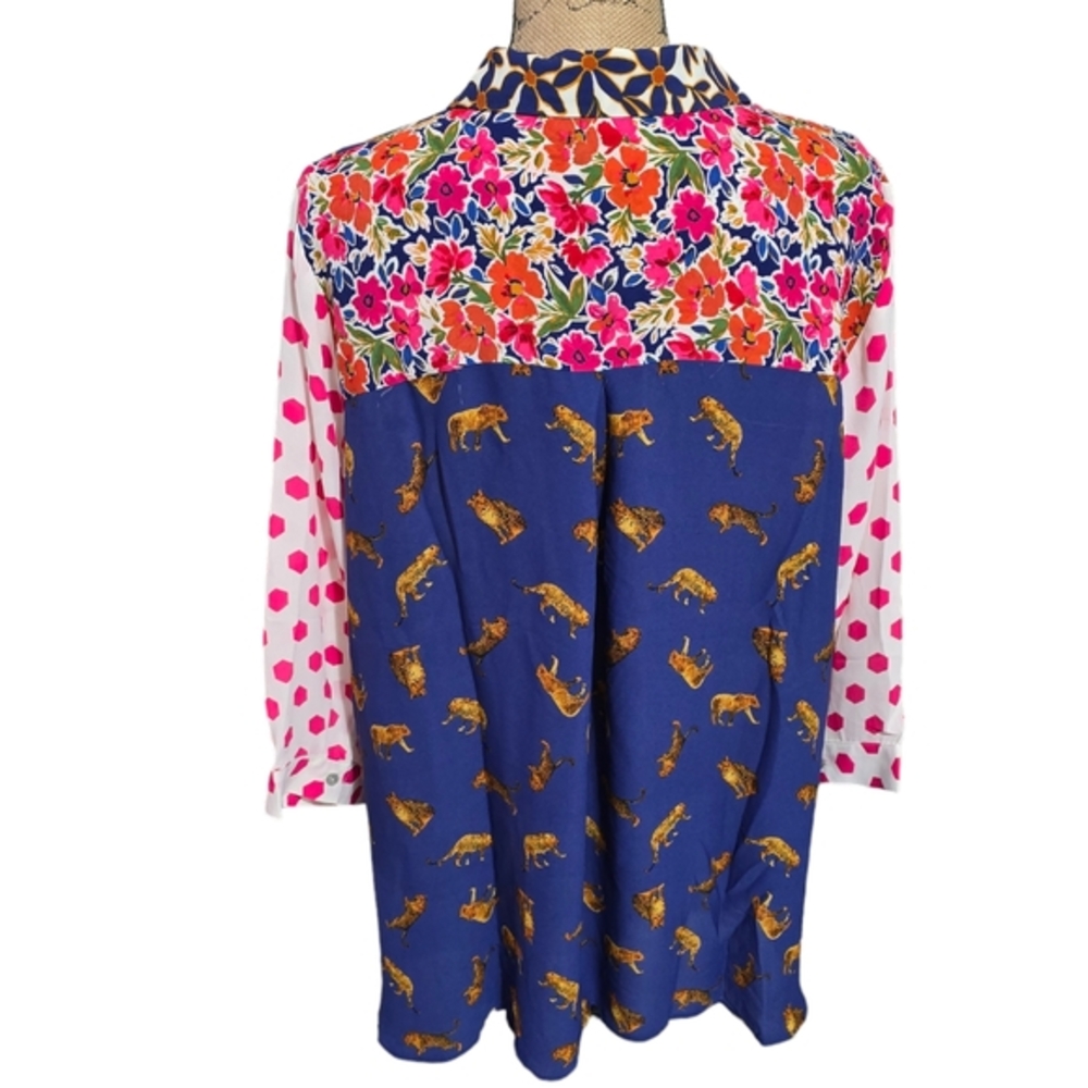 Rose & Olive Mixed Print Floral Leopard Button Down Shirt Patchwork Multicolor - Picture 7 of 11